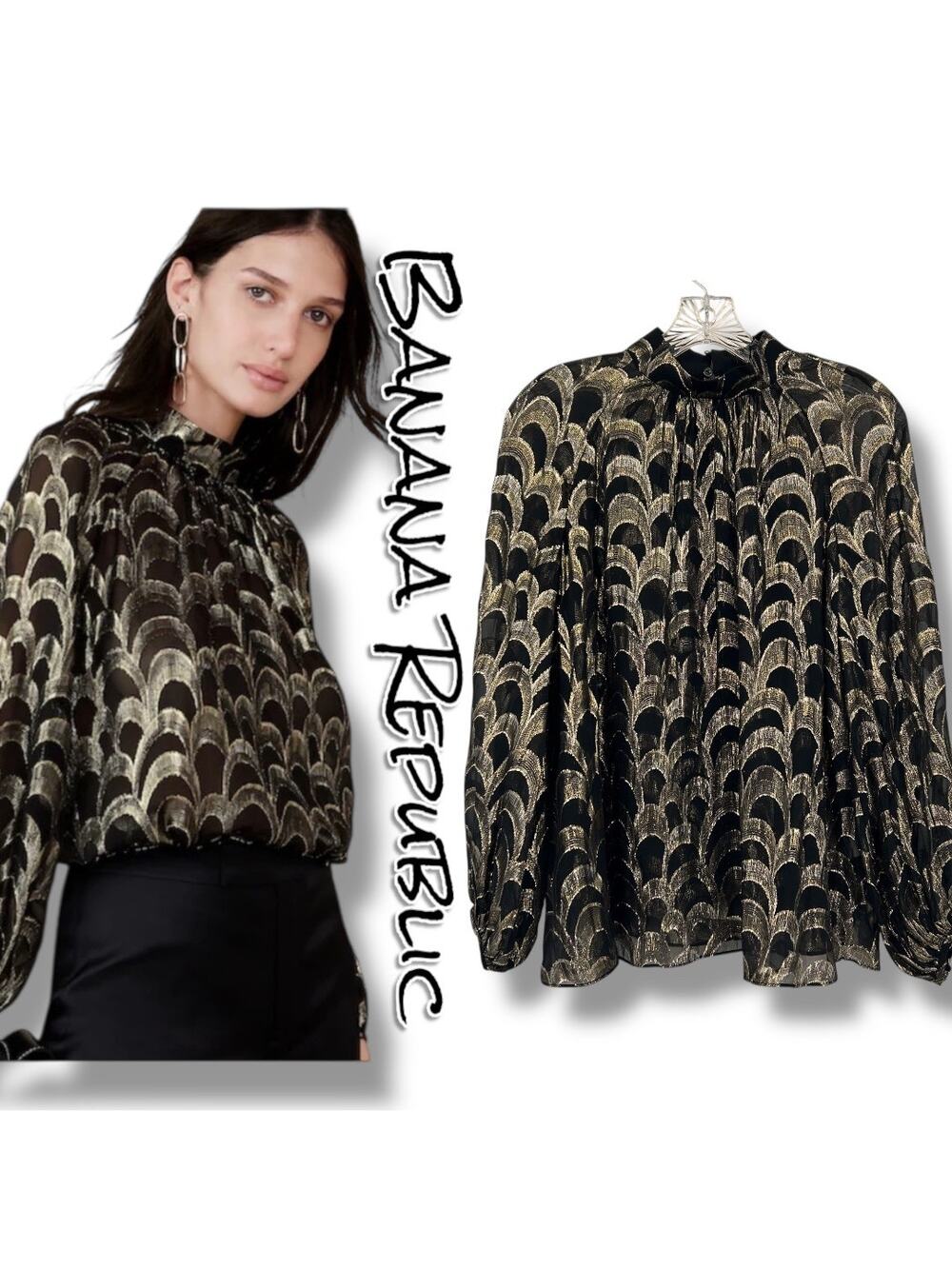 New Banana Republic Mali Silk Metallic Jacquard Sheer Blouse Women’s Size Small